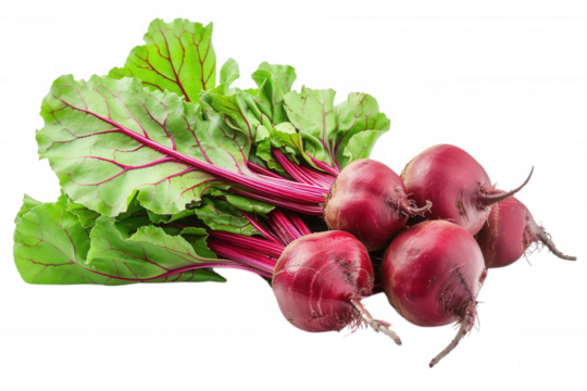 A bunch of fresh organic beets with green leaves, transparent background