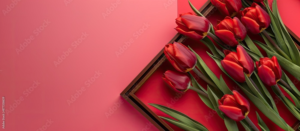 Poster top view close up of red tulips in a brown wooden frame against a pink background with selective foc