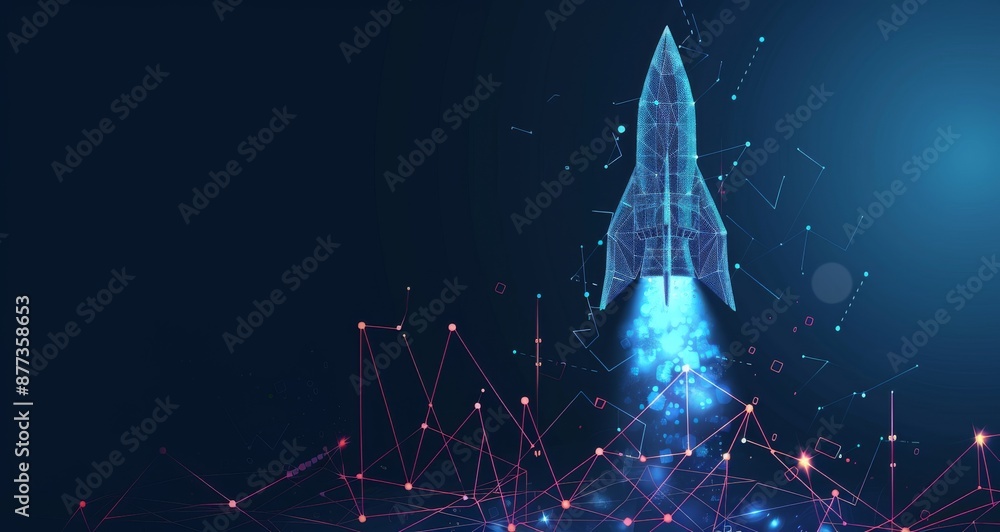 Poster futuristic rocket launch with abstract stock market graph symbolizing growth and innovation