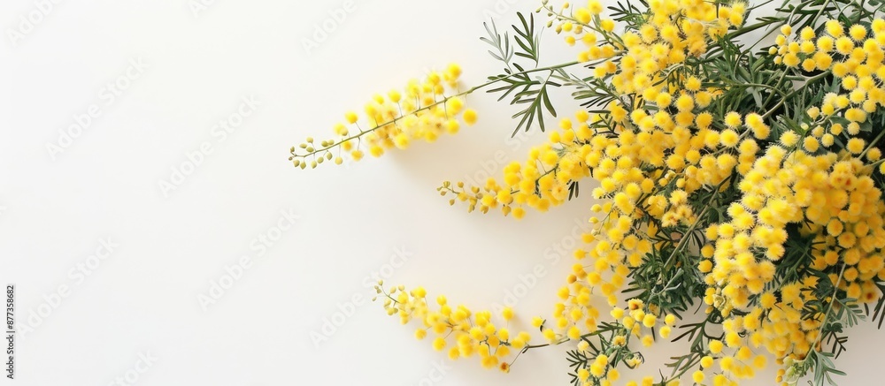 Poster flat lay arrangement featuring a stunning floral display of mimosa flowers against a white backdrop 