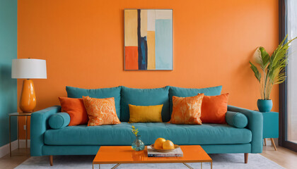 modern living room, vivid colors for text