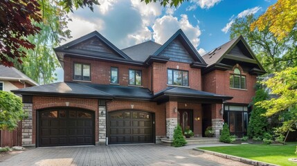 Luxury house exterior with brick and siding trim and double garage.