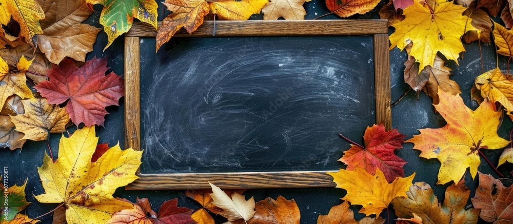 Poster isolated on a white backdrop an empty square school board stands surrounded by vibrant autumn maple 