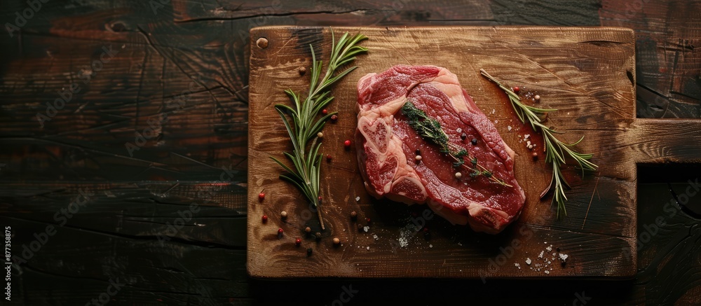 Poster Top view of a raw beef steak on the bone with herbs for cooking on a cutting board allowing room for a background image. Copy space image. Place for adding text and design