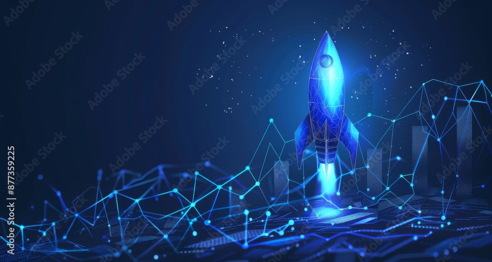 Aufkleber digital illustration of a rocket launching with futuristic graphs and data analysis