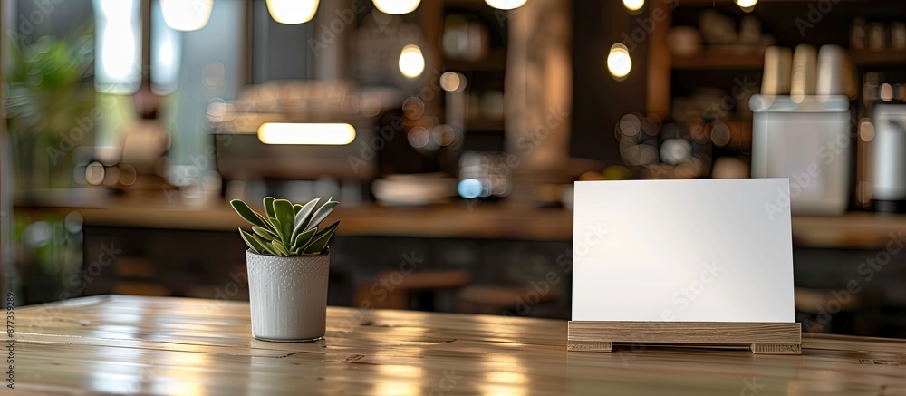 Poster white label mockup for a menu frame in a cafe booklet stand with sheets tent card on table blurred b