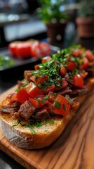 Close-up of a delicious bruschetta with beef, tomato, and herbs on a wooden board.