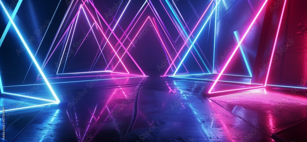 Poster virtual cyber vibrant triangle rectangle abstract shaped tunnel corridor metal chip reflective textu