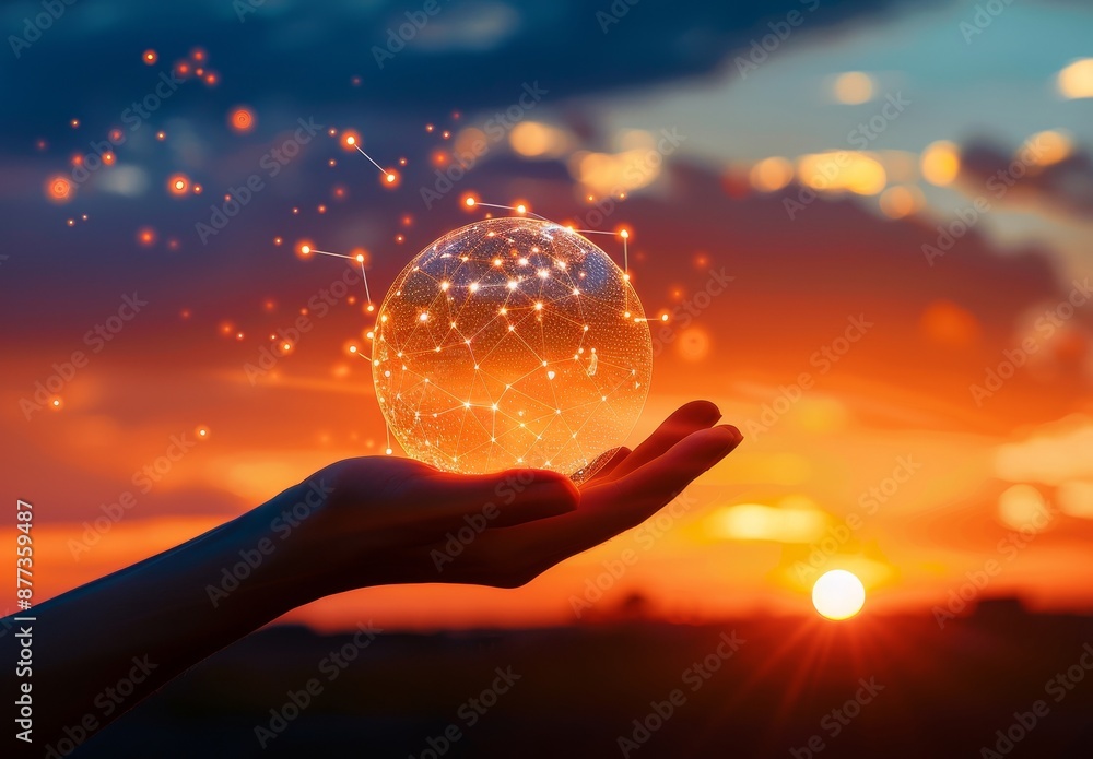 Aufkleber on a nature background, the hands of a man hold a global network connection and data customer connec