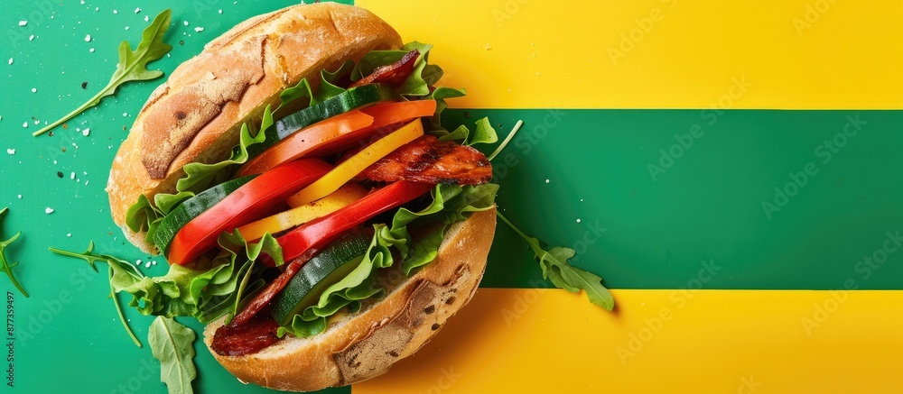 Poster a sandwich made with chorizo cheese and vegetables is displayed on a background of yellow and green 