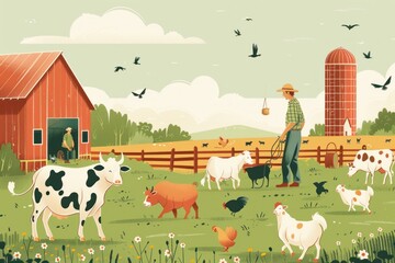 A flat design illustration showing a bustling farmyard filled with different farm animals, including cows, chickens, pigs, and sheep. The farmer is seen feeding the animals while a dog playfully runs