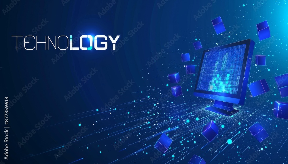 Poster abstract digital technology background with a computer monitor and floating cubes
