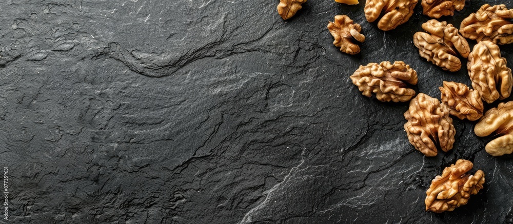 Poster a close up view of natural walnuts on a black slate surface for a healthy food concept with space fo