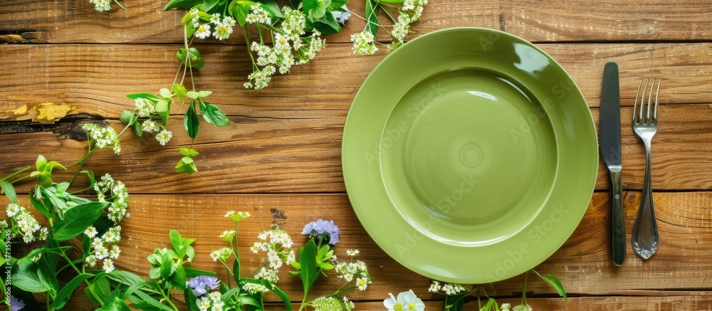 Poster from an overhead perspective a spring themed table arrangement featuring a green plate set against a