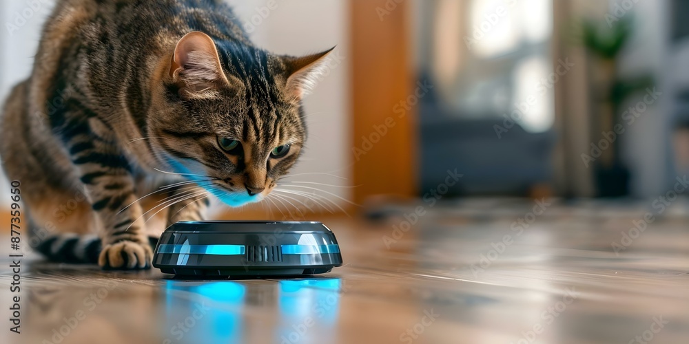 Aufkleber smart robot feeds cat as feline observes robot doing household tasks. concept cat, robot, smart tech