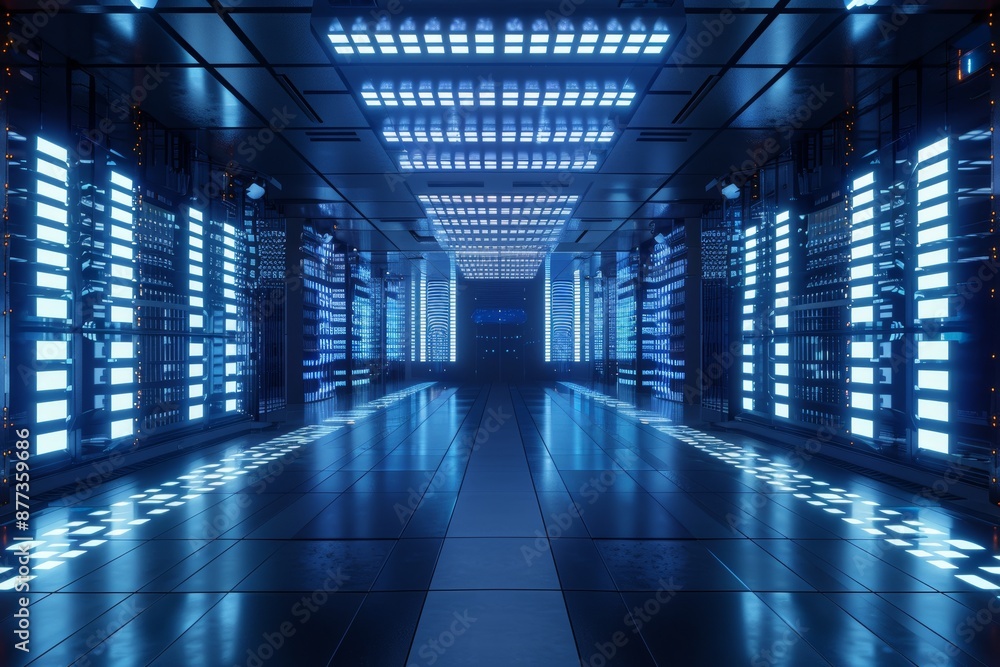 Aufkleber sci-fi background rendering sci-fi spaceship corridors with blue lights, and server room network wit
