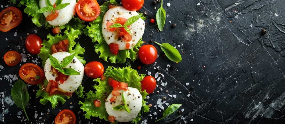 Poster a healthy meal with mozzarella tomato and lettuce on a rustic background with copy space image suita