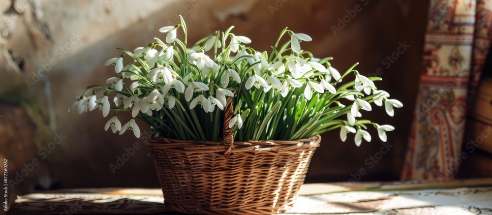 Poster fresh snowdrops displayed in a wicker basket on a table highlighted by sunlight with copy space imag