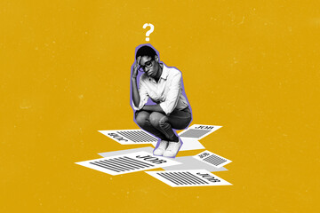 Creative photo collage image young upset unhappy woman unemployment problem find job vacancy...