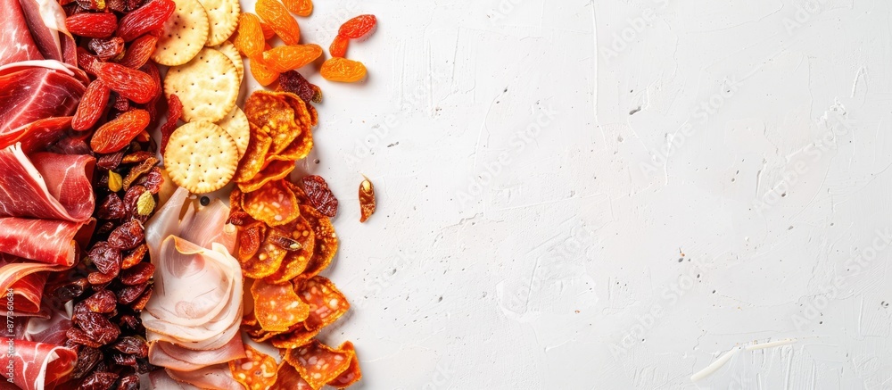 Poster flat lay composition featuring assorted dried meat snacks on a white background with copy space imag