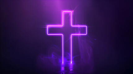 Obraz premium A neon cross is lit up in a dark room. The light is purple and the cross is illuminated