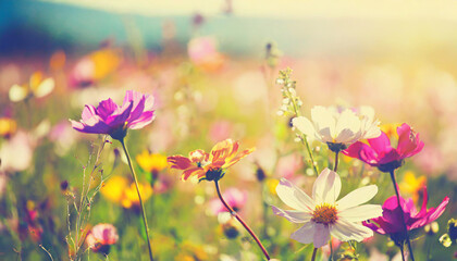 Wild flowers of clover and butterfly in a meadow in nature in the rays of sunlight in summer in the spring close-up of a macro. A picturesque colorful artistic image with a soft focus