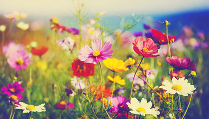 Wild flowers of clover and butterfly in a meadow in nature in the rays of sunlight in summer in the spring close-up of a macro. A picturesque colorful artistic image with a soft focus
