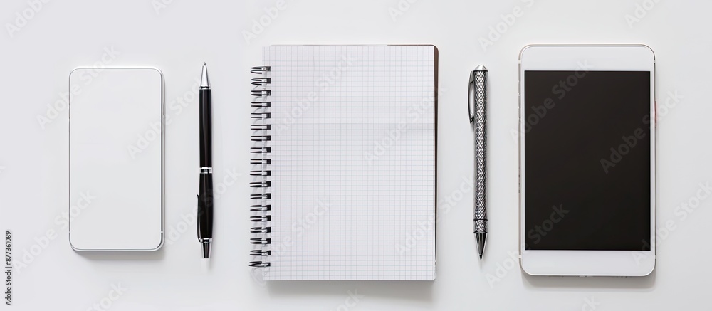 Poster a tablet notebook and pen arranged neatly for a copy space image on a white background