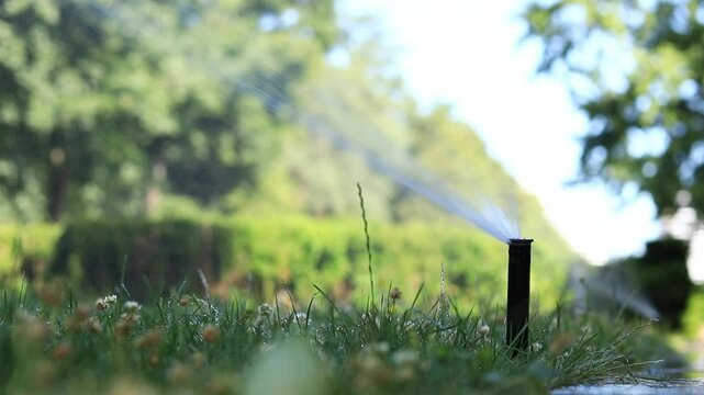 Automatic watering systems for plots, lawns and plants. Automated irrigation systems spray water in the park. Plastic water sprayer for watering the lawn, close-up
