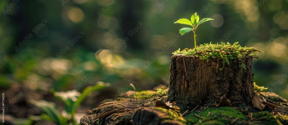 Poster a tiny tree sprouting on a stump with a tree trunk backdrop in a copy space image