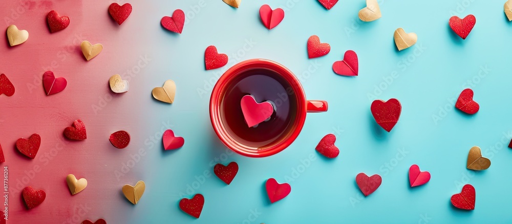 Poster top view of a red cup surrounded by small red hearts on a colorful background offering ample copy sp