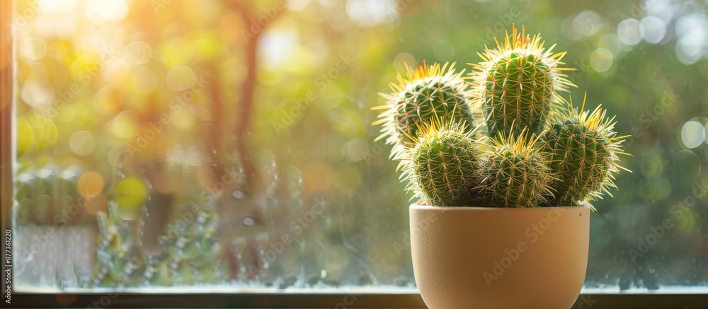 Wall mural Cactus plant with green needles in a pot on a windowsill against a rural backdrop ideal for interior decoration with copy space image