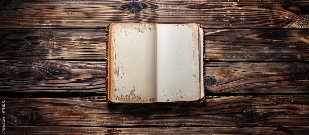 Poster wooden textured surface with a blank notebook creating a copy space image