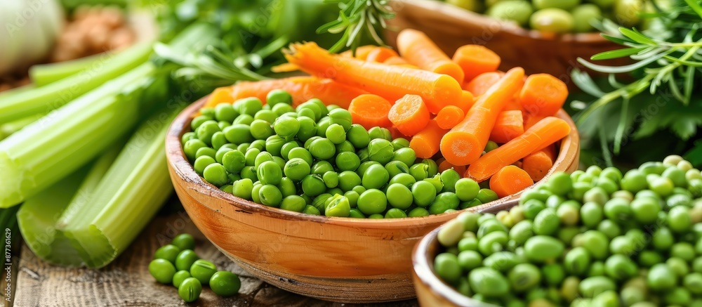 Poster fresh healthy meal of mixed vegetables like beans peas carrots and celery displayed on a table with 