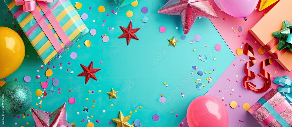 Aufkleber a festive design with a blank card and birthday decorations displayed on a vivid backdrop with copy 