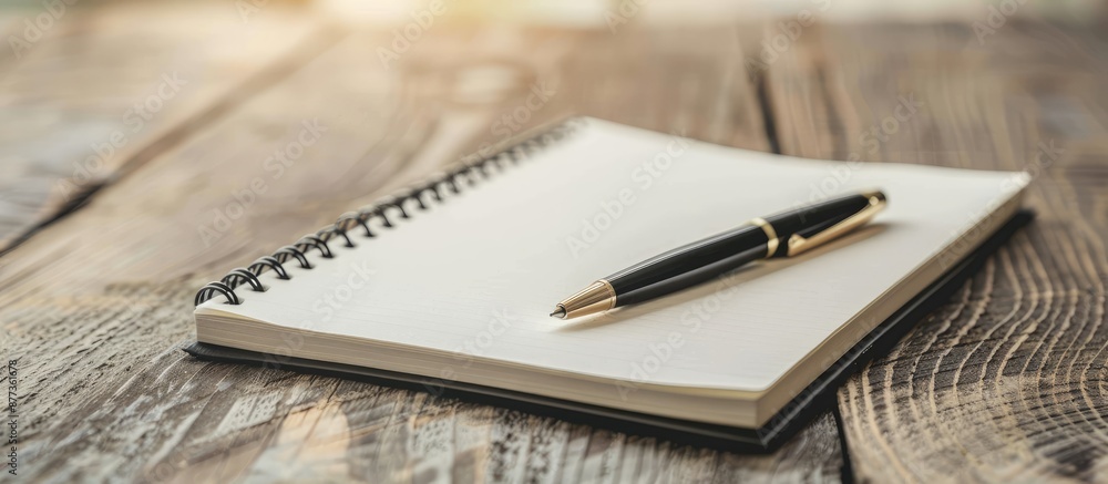 Poster close up top view of an empty notebook and pen on a wooden table with a new year theme ideal for cop