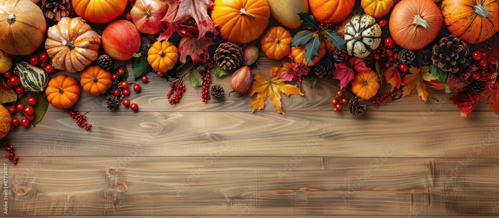 Poster top down view of thanksgiving feast table arranged beautifully with ample space for images or text