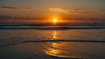 Obraz premium Stunning beach sunset with golden hues reflecting on the calm water, creating a serene and peaceful view.