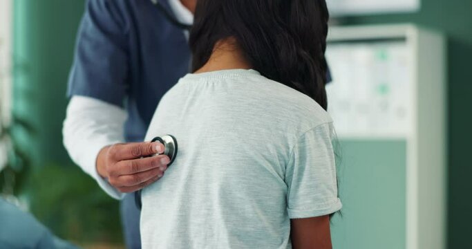Child, doctor and stethoscope in hospital for heart, lungs and health with checkup, breathe and listening. Girl, pediatrician and chest exam in clinic for cardiology, asthma and healthcare assessment