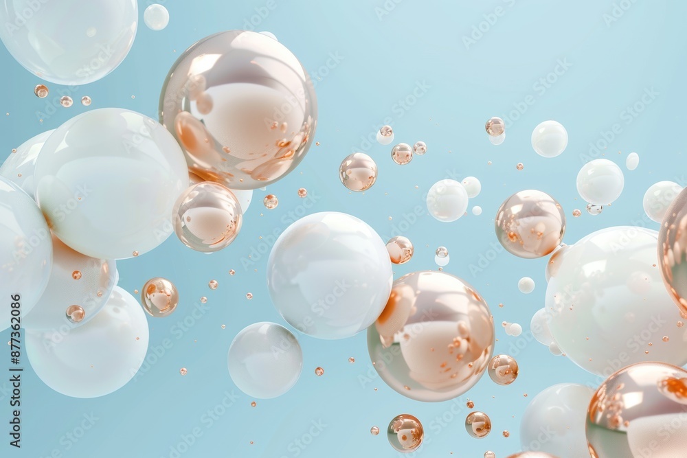 Poster this 3d rendering focuses on geometric spherical objects in rose gold and white color combinations.