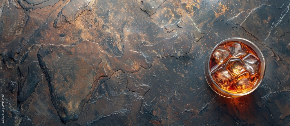 Poster top down shot of a whisky glass with ice on a dark stone surface featuring a blank space for text or