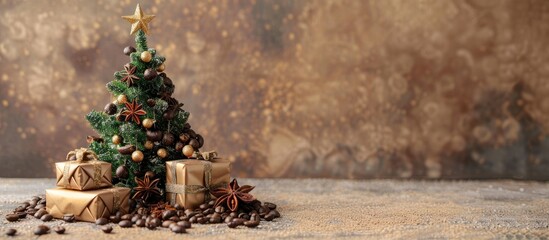 A Christmas tree decorated with coffee beans and a star made of anise Presents wrapped in gold under the tree placed on a light brown wooden backdrop perfect for a copy space image