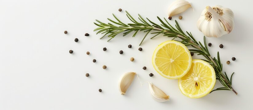 Rosemary garlic lemon and pepper displayed on a white background with copy space image