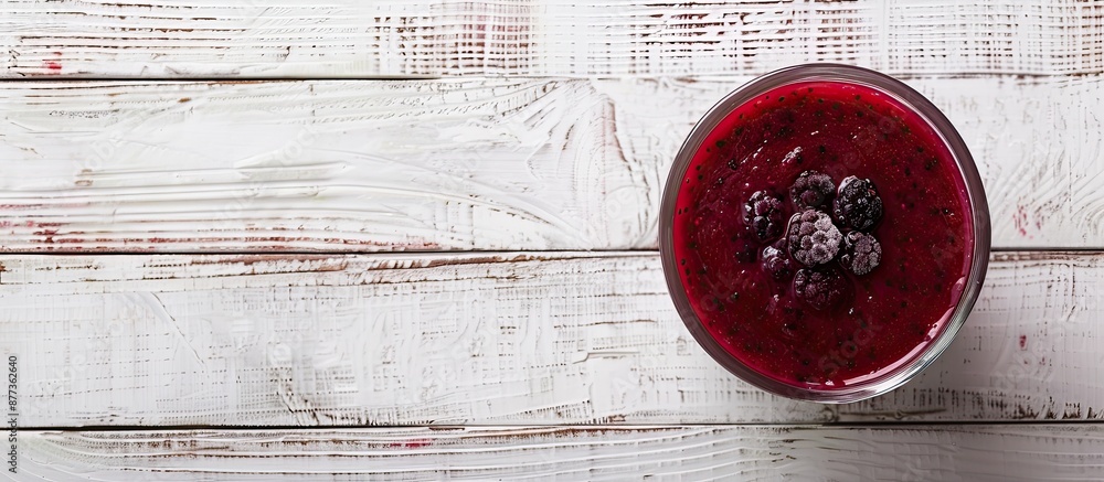 Poster flat lay of a tasty blackberry smoothie in a glass on a white wooden table accompanied by a spacious