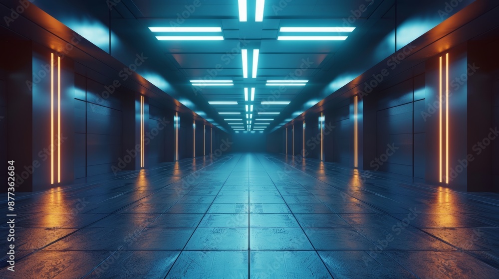 Poster spaceship scifi corridor 3d rendering