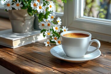 Cup of coffee and daisies by the window