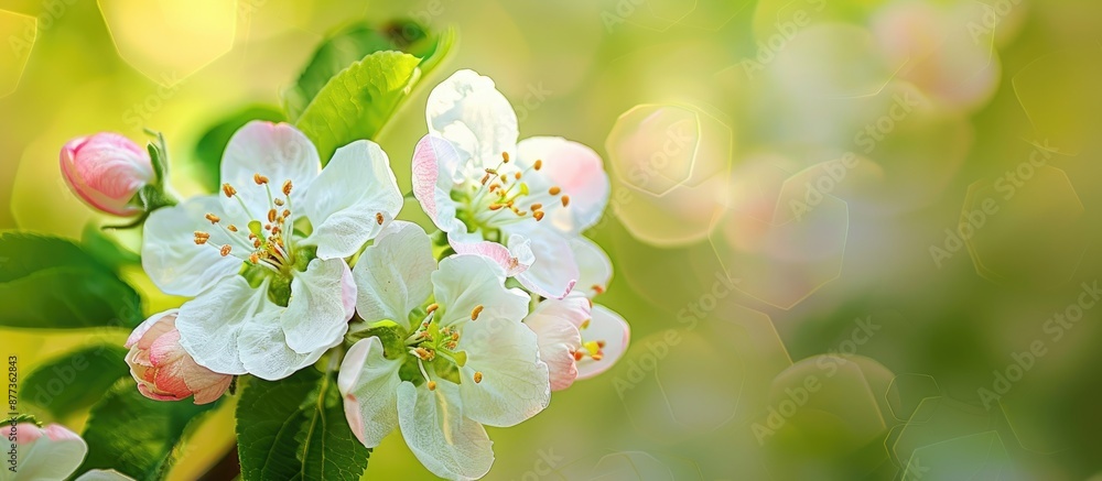 Poster close up of white and pink blossoms on an apple tree branch standing out against a softly focused gr
