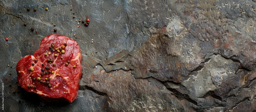 Poster Heart shaped marble beef steak seasoned and grilled on a stone backdrop with room for text in the image. Copy space image. Place for adding text and design