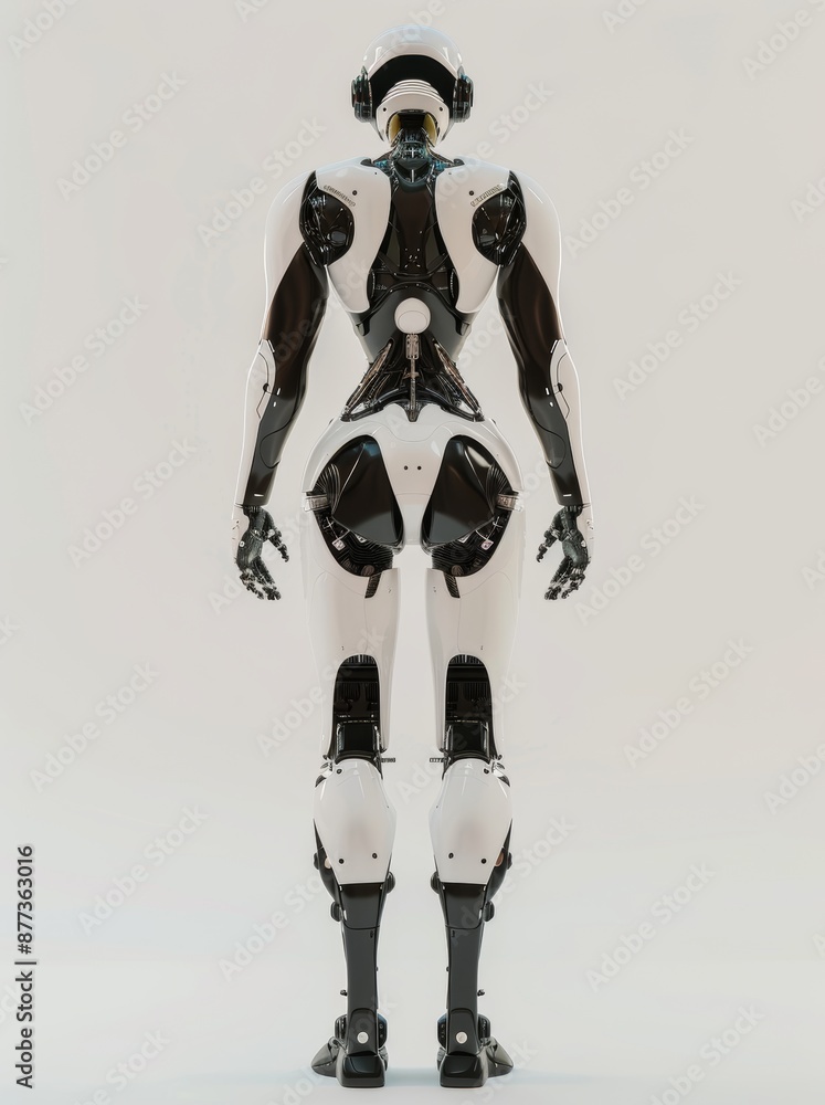 Poster female android robot with back against camera in 3d.