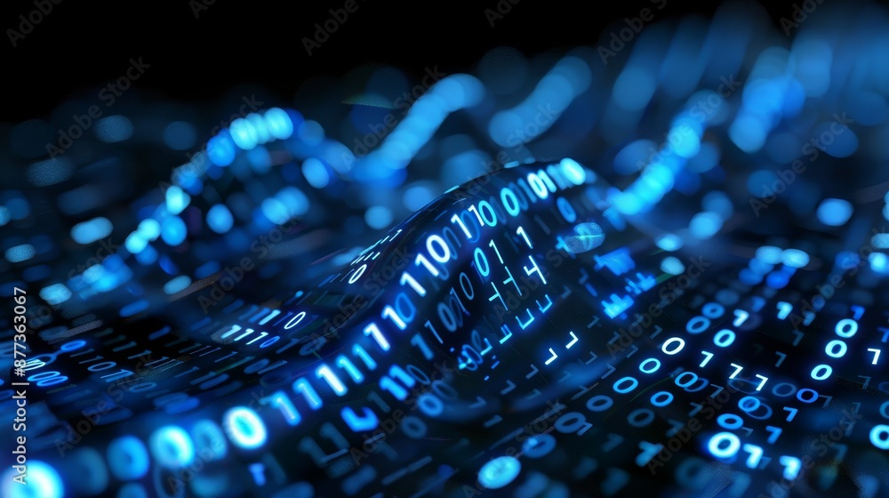 Poster embedded digital binary code on landscape, glowing neon style, binary data background, blue color